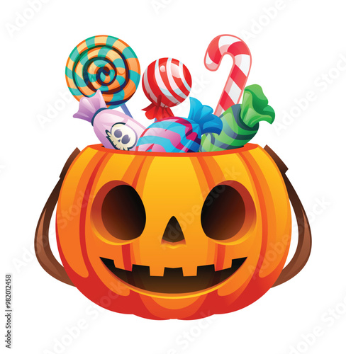 Carved Halloween pumpkin bucket filled with various colorful candies. Vector cartoon illustration