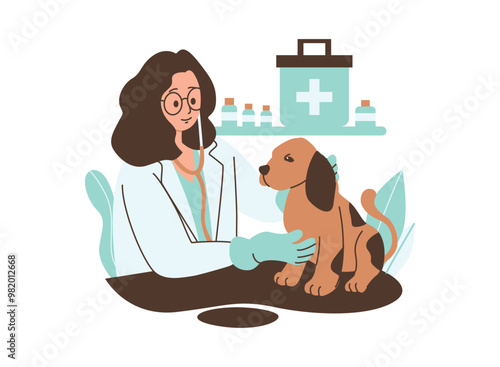 A cartoon illustration of a female veterinarian examining a dog in a clinic. She is wearing a stethoscope and holding the dog's paw.