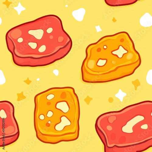 Colorful cartoon meat and cheese pieces on a bright yellow background, perfect for food-themed designs and illustrations. seamless tiles texture