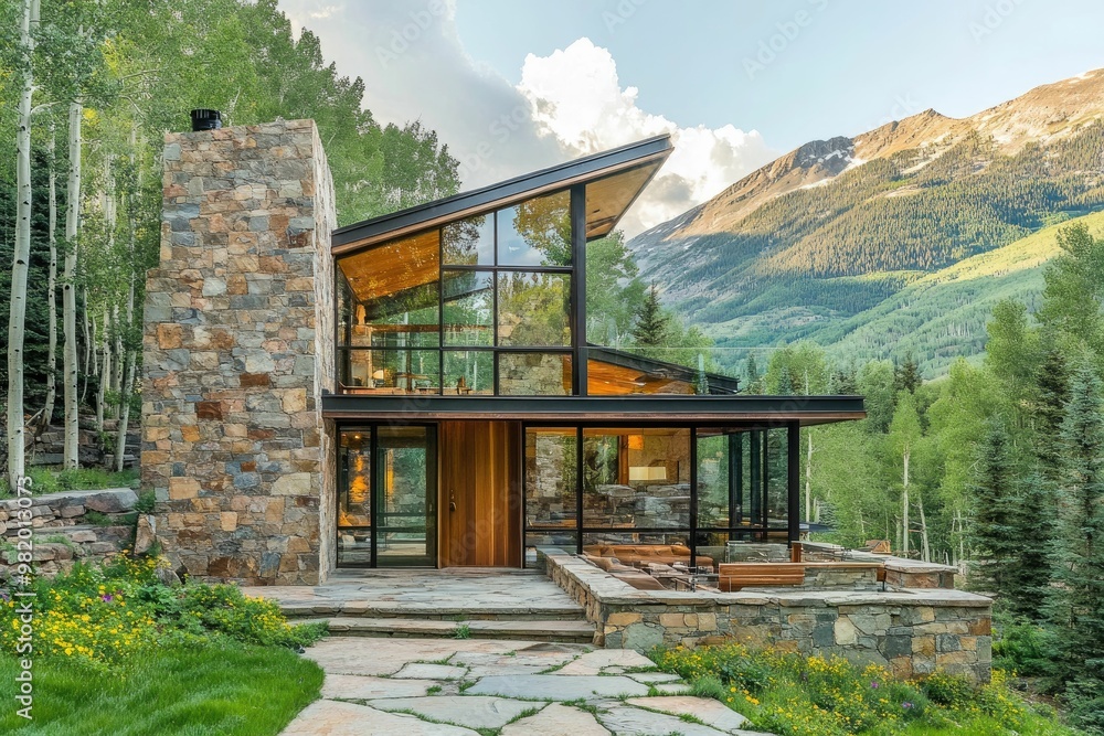 Modern stone house surrounded by lush mountains and trees. Modern stone house surrounded by lush mountains and trees.