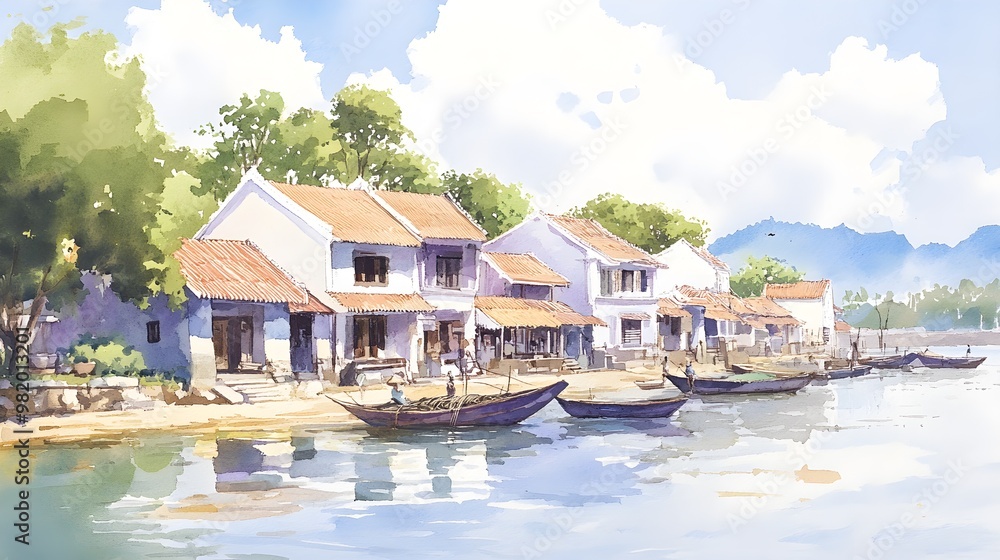 Coastal village with vibrant rainbow-colored buildings, palm trees gently swaying in the ocean breeze, painted in soft watercolor strokes, oil painting aesthetics