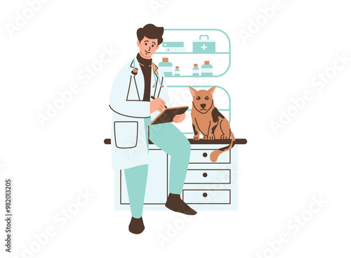 A cartoon illustration of a veterinarian examining a dog in a clinic. The vet is wearing a white coat and holding a clipboard, while the dog sits patiently on a table.