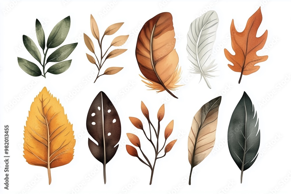 Fototapeta premium Earthy Watercolor Symbols of Leaves, Feathers, and Natural Elements, Isolated on White