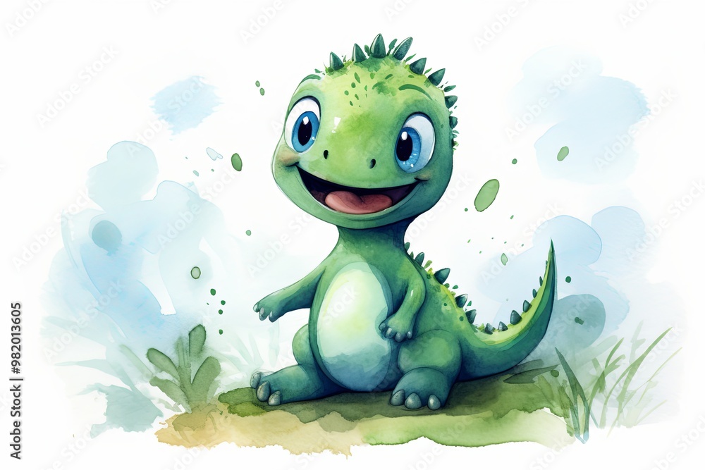 Fototapeta premium Minimalistic watercolor illustration of happy dino.