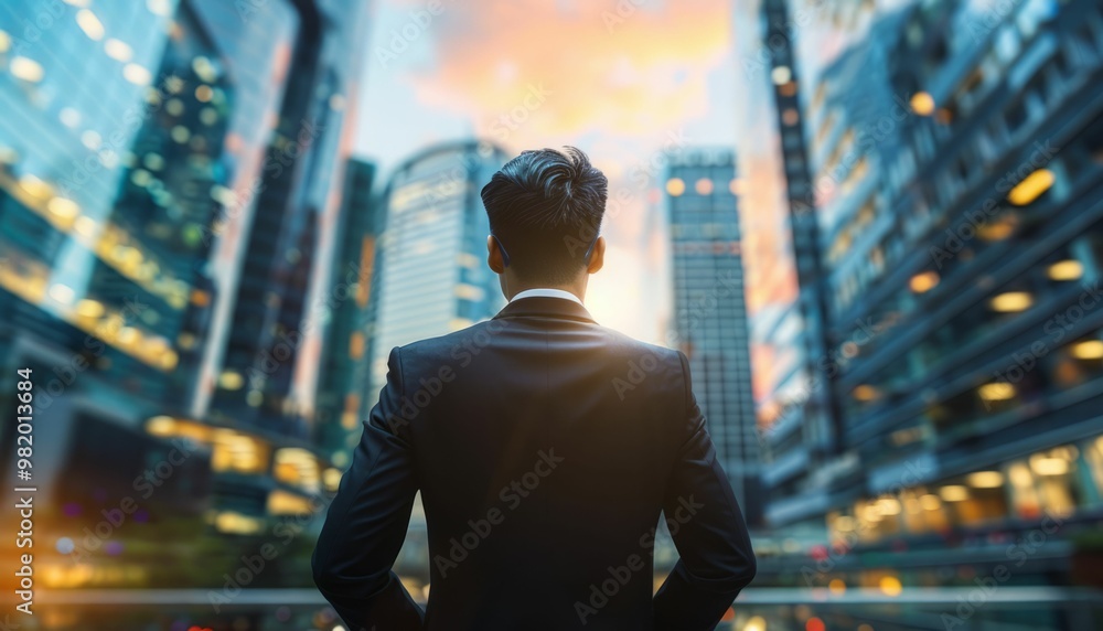 Thoughtful businessman looking at cityscape during sunset Thoughtful businessman looking at cityscape during sunset