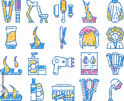 healthy hair treatment doodle icons set vector. sketch line art stationery hairdryer and dandruff, shampoo and balm for hair, thermo curlers and wig color illustrations