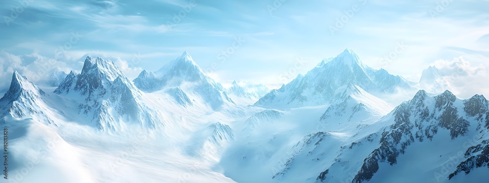 Fototapeta premium Beautiful snow-covered mountains against the blue sky. Panoramic view of a winter landscape in the highlands