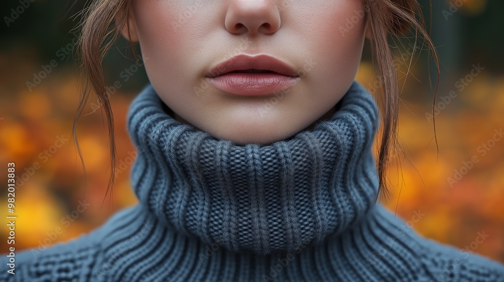 Fototapeta premium Close-up of a woman's lips and knit turtleneck sweater, capturing the textures of cozy winter fashion against a backdrop of autumn leaves.