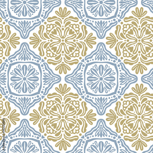 Blue and yellow decorative seamless pattern. Design for textile, wrapping paper, wallpapers.