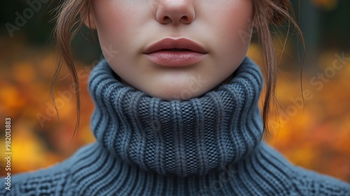 Close-up of a woman's lips and knit turtleneck sweater, capturing the textures of cozy winter fashion against a backdrop of autumn leaves.