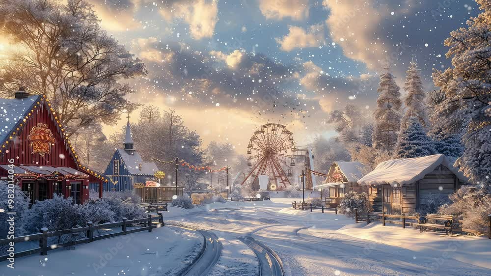Animation Enchanting winter village with ferris wheel in snowfall generated with ai Animation Enchanting winter village with ferris wheel in snowfall generated with ai