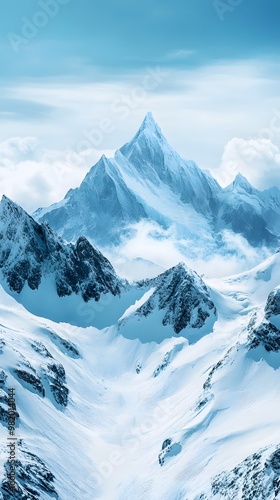 Beautiful snow-covered mountains against the blue sky. Panoramic view of a winter landscape in the highlands