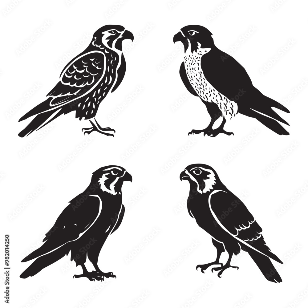 Black and white vector silhouettes set of falcon Black and white vector silhouettes set of falcon