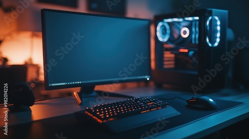 A modern computer setup featuring a monitor, keyboard, mouse, and gaming PC. photo