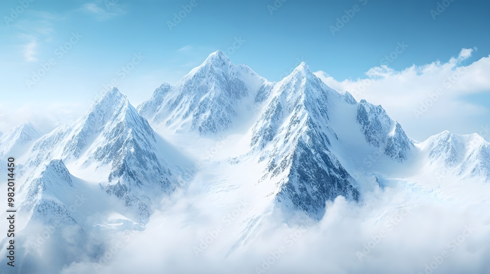 Beautiful snow-covered mountains against the blue sky. Panoramic view of a winter landscape in the highlands Beautiful snow-covered mountains against the blue sky. Panoramic view of a winter landscape in the highlands