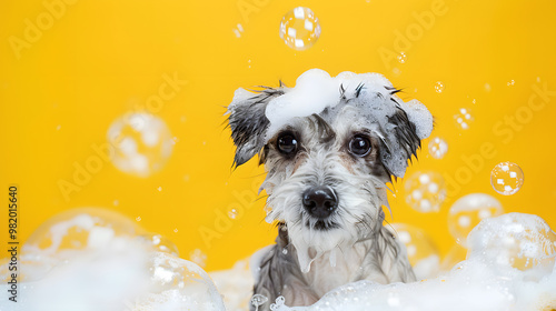 Dog Covered in Soap Bubbles dog grooming During dog Bath on Yellow Background
