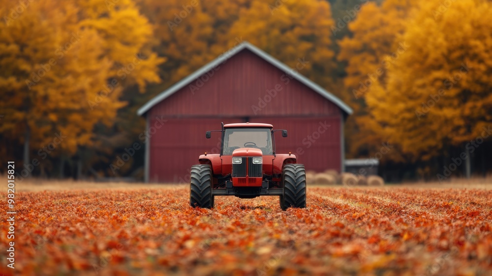 A vibrant red tractor sits in a fallen-leaf field, with a rustic barn and autumn foliage creating a picturesque rural landscape. A vibrant red tractor sits in a fallen-leaf field, with a rustic barn and autumn foliage creating a picturesque rural landscape.