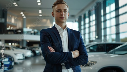 Confident young car salesman standing in dealership with arms crossed photo