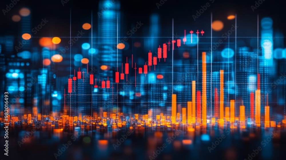Financial Cityscape Glowing Charts, Graphs, Market Growth, Trading Data Visualization. Financial Cityscape Glowing Charts, Graphs, Market Growth, Trading Data Visualization.