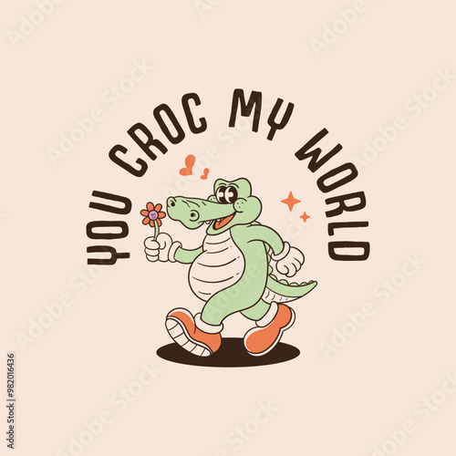 illustration of retro crocodile cartoon character walking carrying flowers