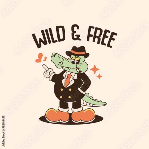 retro illustration of gangster crocodile cartoon character