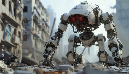 Autonomous Robotic Sentry Unit Amidst Urban Devastation photo