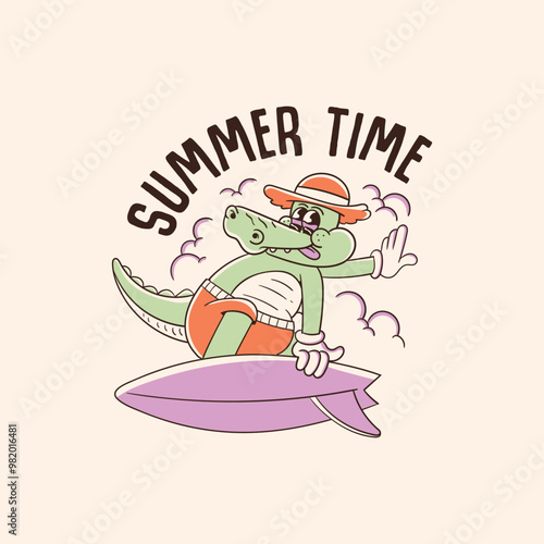 retro illustration of surfing crocodile cartoon character