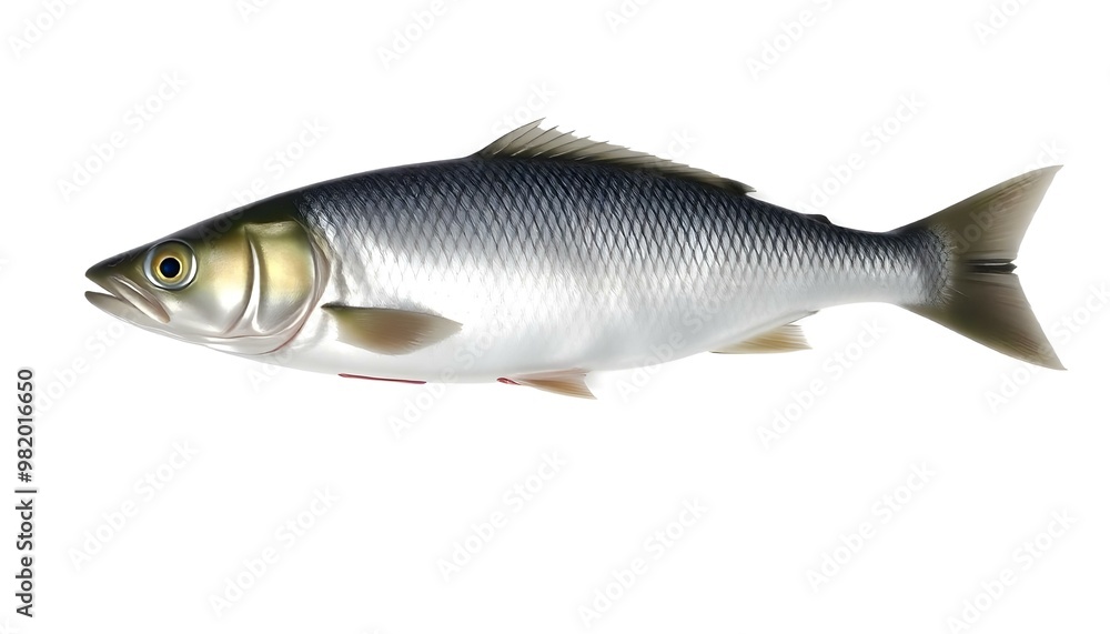 Fototapeta premium A silver fish representing seafood and marine life isolated on a white background