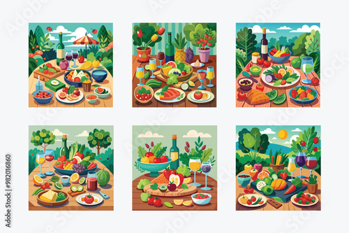 Colorful Vector of a Farm-to-Table Meal Setup: Fresh Vegetables, Fruits, Herbs, and Wine