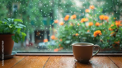 Having hot tea during monsoon near window