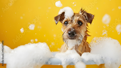 Dog Covered in Soap Bubbles dog grooming During dog Bath on Yellow Background