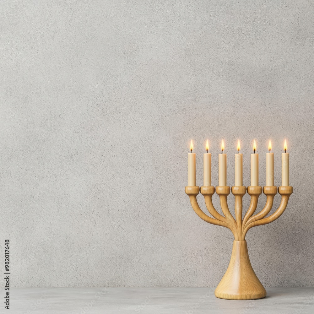 Hanukkah menorah in a modern home setting, lit candles, 3D illustration Hanukkah menorah in a modern home setting, lit candles, 3D illustration