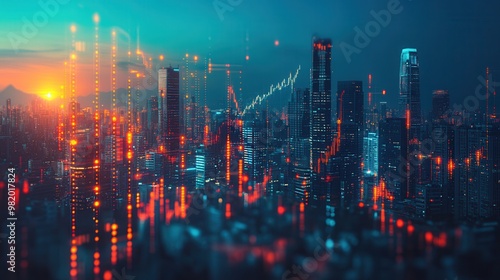 Wallpaper Mural Futuristic cityscape at sunset overlaid with glowing data charts, showcasing urban technology and financial growth. Torontodigital.ca
