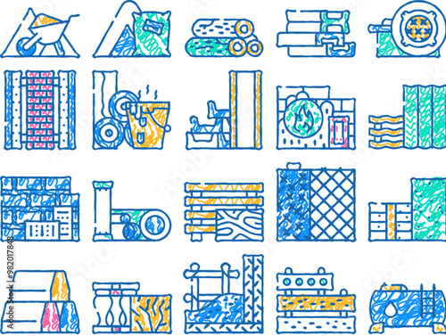 building material doodle icons set vector. sketch line art metallic armature grid and styrofoam, bitumen and concrete brick building material contour illustrations