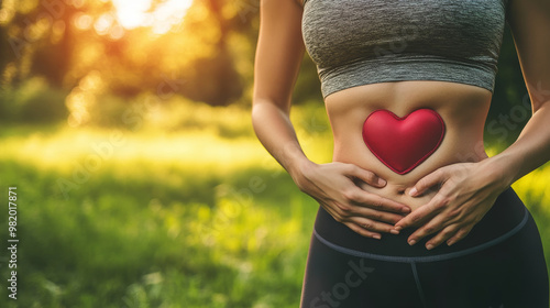 A woman stands outdoors,her hand resting gently on her stomach,forming a heart shape. This intimate gesture symbolizes self-love and awareness of gut health as she embraces a fitness-focused lifestyle