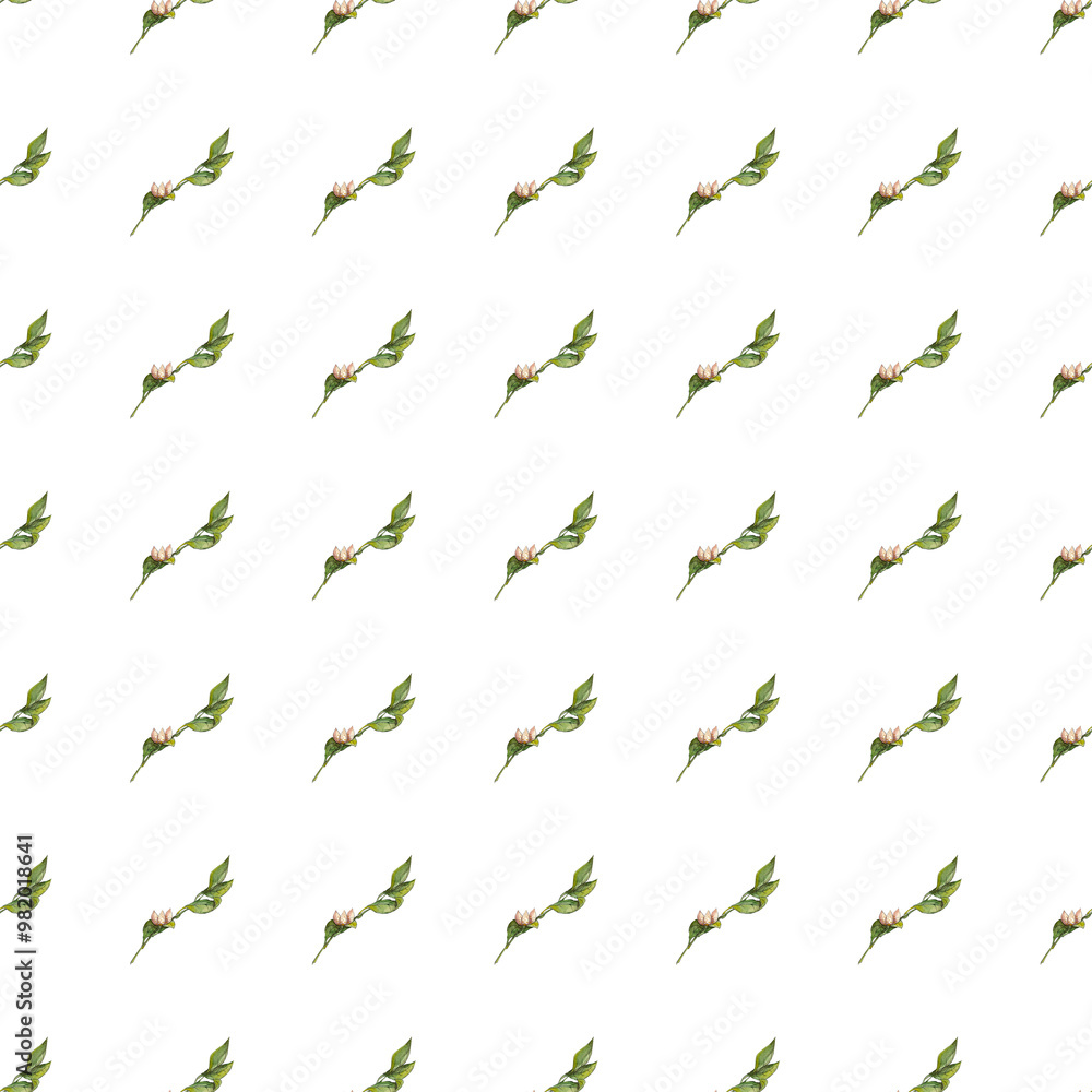 Blooming seamless pattern of leaf sprigs with flowers. Nature art print. Hand drawn background. Creative design. Botanical watercolor illustration Blooming seamless pattern of leaf sprigs with flowers. Nature art print. Hand drawn background. Creative design. Botanical watercolor illustration