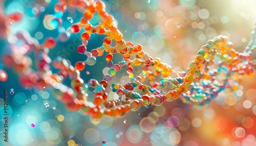 Colorful DNA double helix structure with blurred lights background photo