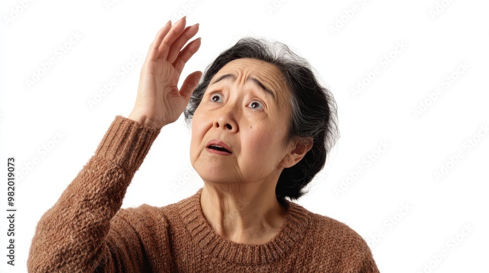 Frightened older Asian woman looking upward, shielding her face with one hand, pure white background, emotion concept, isolated Frightened older Asian woman looking upward, shielding her face with one hand, pure white background, emotion concept, isolated