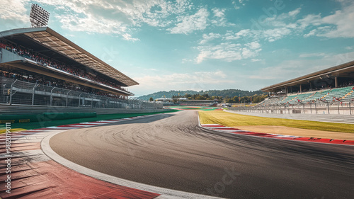 A wide angle shot of an empty hairpin turn on an F1 track, showcasing smooth asphalt and surrounding grandstands under clear blue sky. scene evokes sense of anticipation and excitement photo