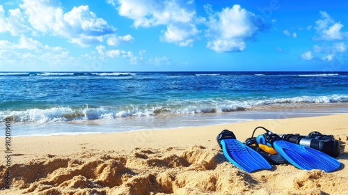 A serene beach scene with snorkeling gear on the sand, inviting ocean exploration.