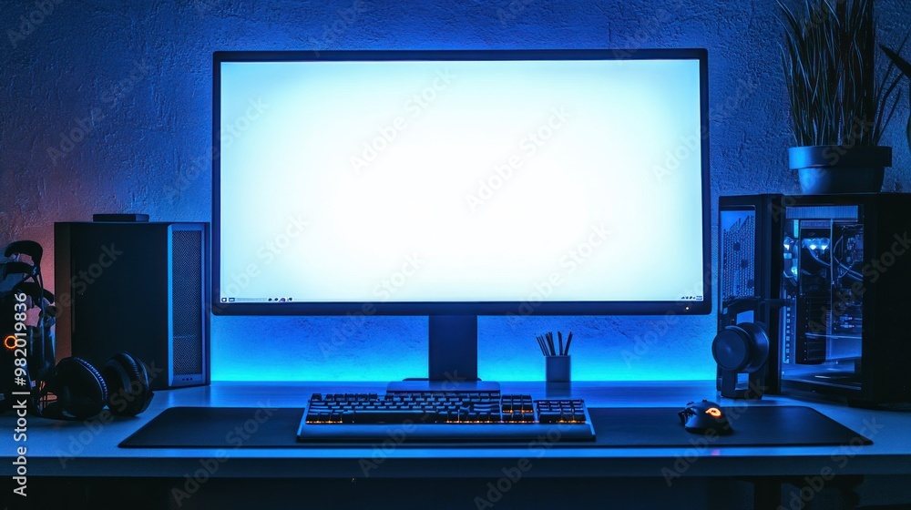 A modern workspace featuring a computer monitor, keyboard, and gaming accessories. A modern workspace featuring a computer monitor, keyboard, and gaming accessories.