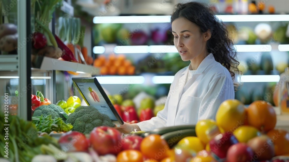 Health expert surrounded by vibrant fruits and vegetables while consulting a digital screen, in a bright clinic Health expert surrounded by vibrant fruits and vegetables while consulting a digital screen, in a bright clinic