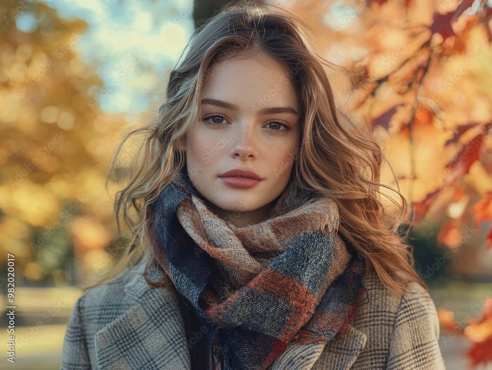 Beautiful young woman in autumn streetwear enjoys the outdoor park scenery Beautiful young woman in autumn streetwear enjoys the outdoor park scenery