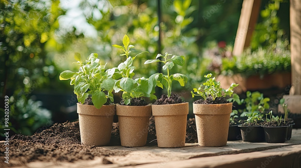 Five potted seedlings in brown biodegradable pots, arranged on a wood surface Five potted seedlings in brown biodegradable pots, arranged on a wood surface