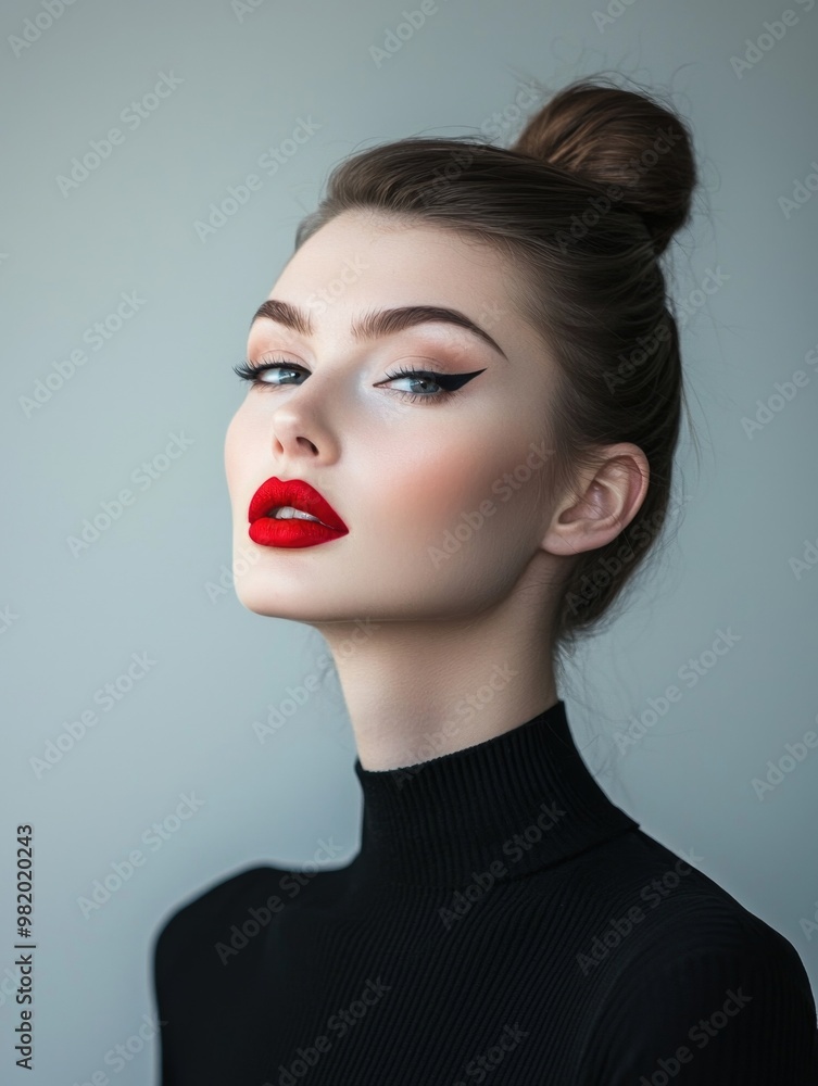 Captivating Close Up Portrait of a Glamorous Woman with Dramatic Makeup and Red Lips Captivating Close Up Portrait of a Glamorous Woman with Dramatic Makeup and Red Lips