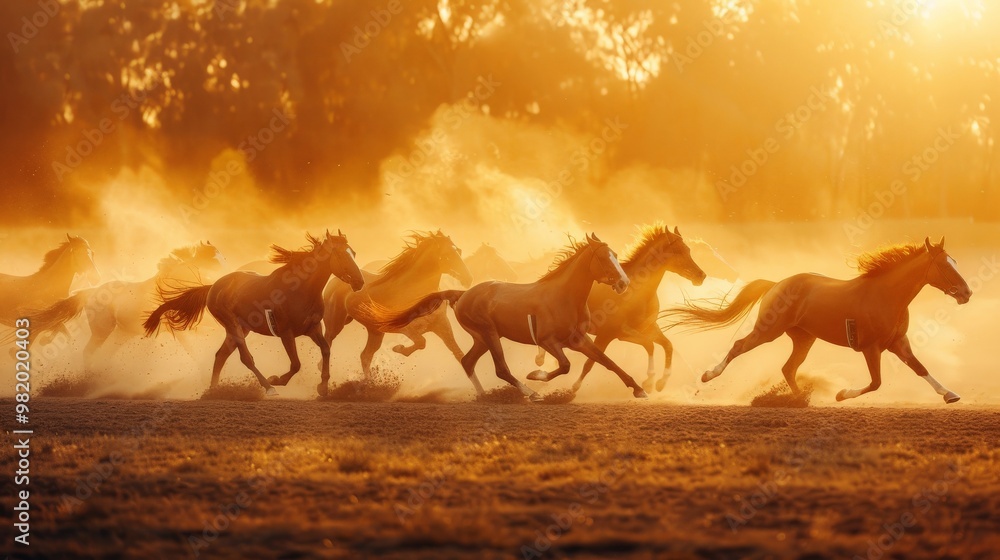 Fototapeta premium Horses charging forward in a race, their powerful movement stirring up dust under the golden evening sun