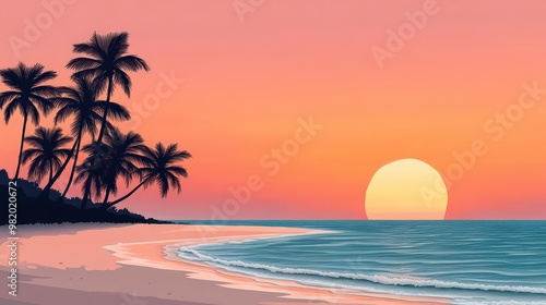 A tranquil beach scene at sunset, featuring palm trees, soft waves, and a vibrant sky with hues of orange and pink.