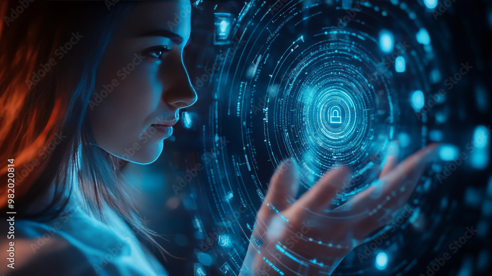 A woman holds a tablet with a glowing holographic interface, showing symbols of locks and security codes floating above the device. The scene emphasizes data safety, password protection. A woman holds a tablet with a glowing holographic interface, showing symbols of locks and security codes floating above the device. The scene emphasizes data safety, password protection.