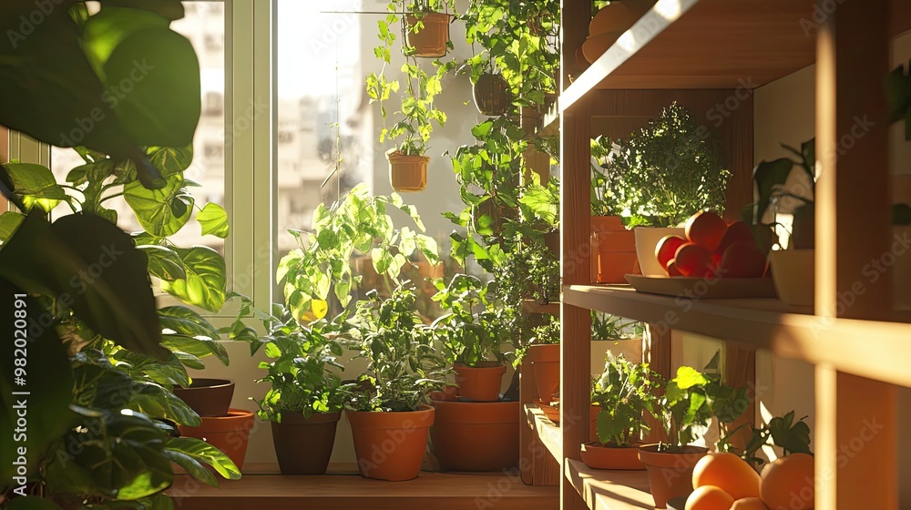 Indoor Garden with Plants in Pots on Wooden Shelves Indoor Garden with Plants in Pots on Wooden Shelves
