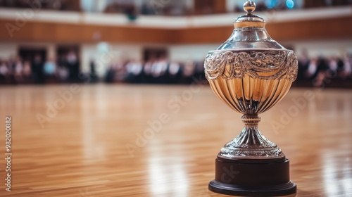 A shiny trophy displayed on a polished wooden floor, symbolizing achievement in a competition.